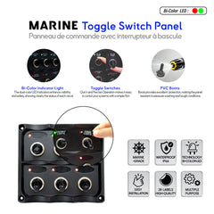 Panneau de commande marin à interrupteurs basculants avec indicateurs LED bicolores, améliorant la visibilité et la sécurité à bord des navires. TSP Series, BAYWATT