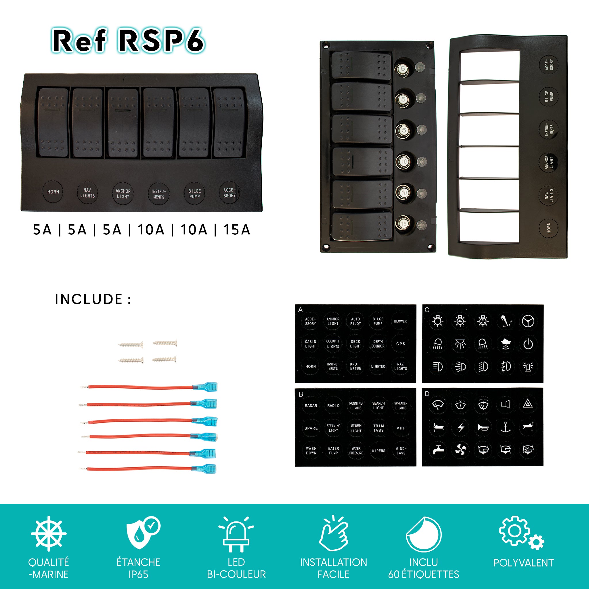 Marine Rocker Switch Panels w/ breaker - 4/6/8 Gangs | Pre-Wired – BAYWATT, image size:2048x2048