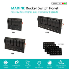 Panneau de commutateurs bateau avec interrupteurs à bascule étanche pour contrôle des appareils à bord, disjoncteurs intégrés, disponible en versions 4, 6 et 8 interrupteurs - Baywatt.