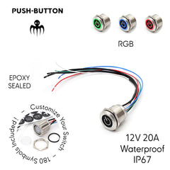 IP67 Waterproof Stainless Steel Push Button with RGB and 180 symbols, epoxy sealed, ideal for marine and RV applications, Baywatt