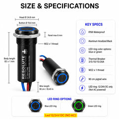 Dimensions du bouton poussoir marin RESOLUTE : filetage M22 × 1, corps de 82 mm, câble de 90 cm et anneau LED bleu ou vert.